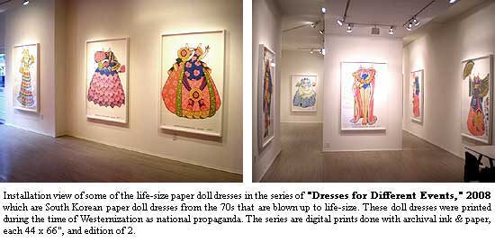 Installation view of some of the life-size paper doll dresses in the series of 